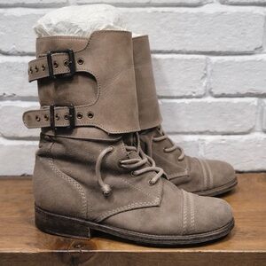 AllSaints Stone Taupe Suede Leather Combat Boots Double Distressed Buckle | 9.5